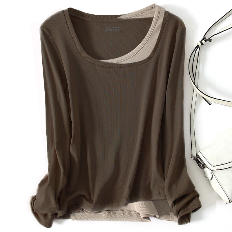 胖mm大码女装T恤女秋冬季韩版打底衫方领假两件宽松遮肚上衣200斤