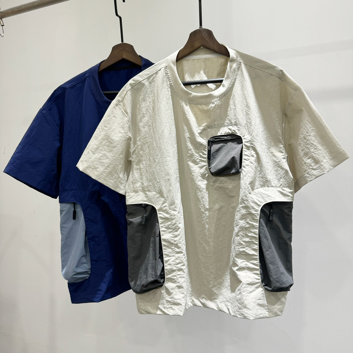 现时尚拼接撞色立体大口袋圆领短袖T恤潮牌男士夏季宽松百搭上衣