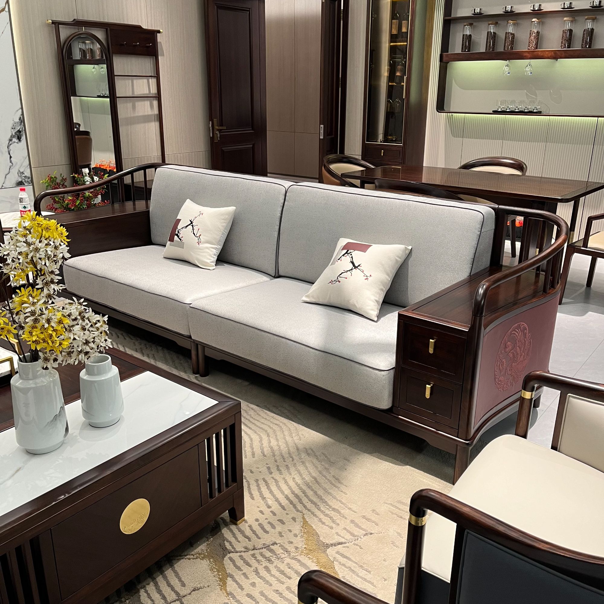 鸿运当头沙发--- 新中式黑檀木全实木储物沙发组合布艺