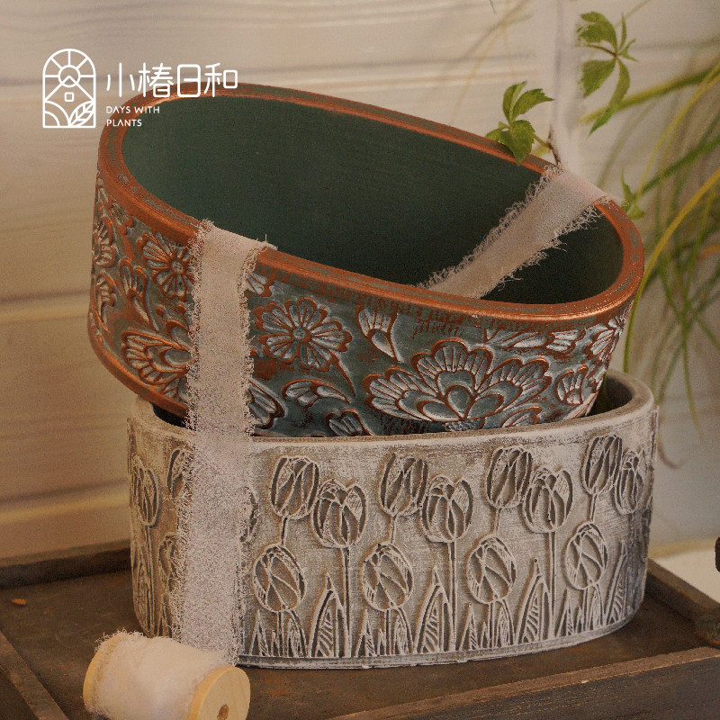 小椿日和 手工水泥升级复古花盆郁金香蝴蝶 透气透水百搭花园阳台