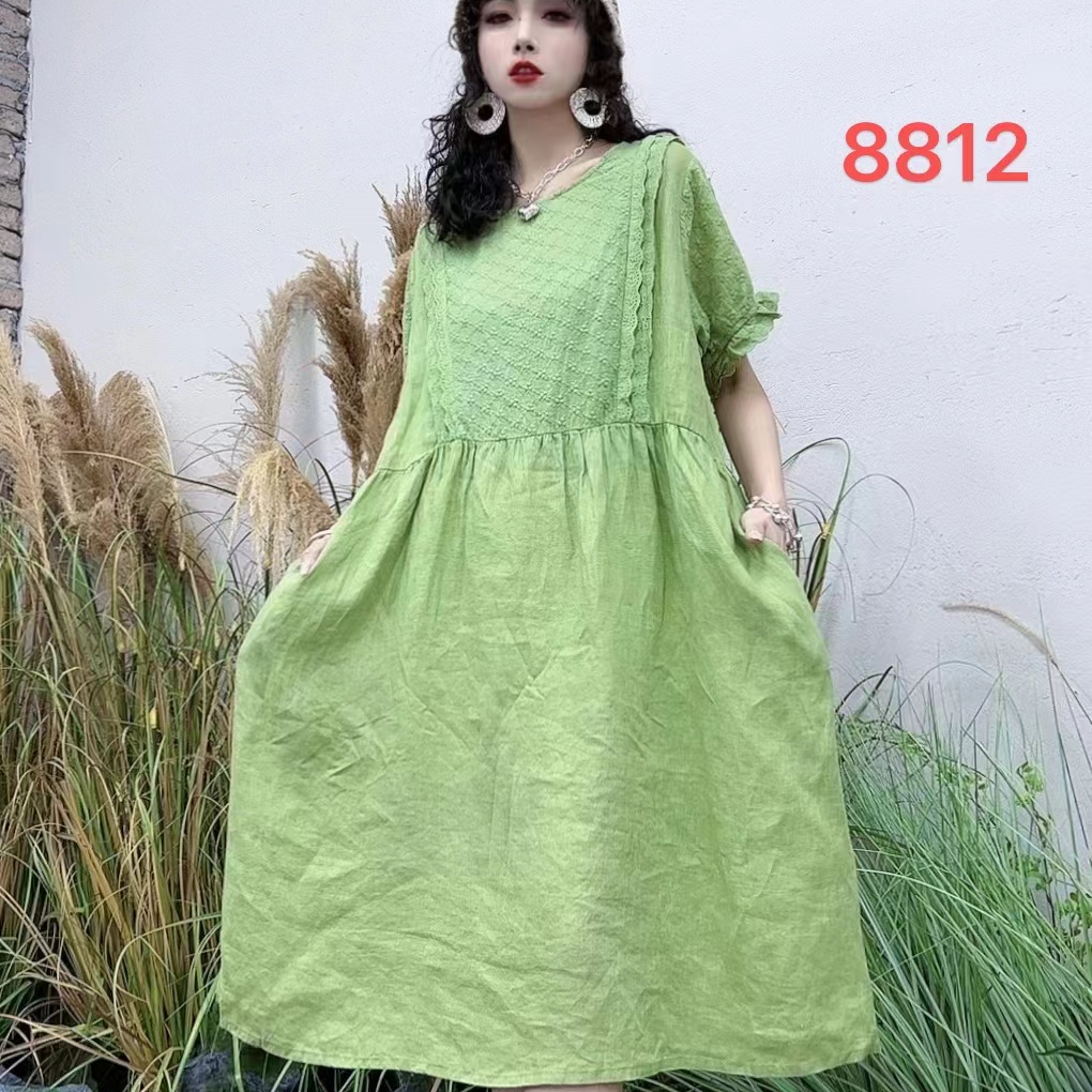 8813亚麻花边裙子