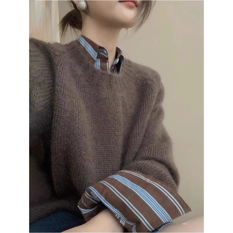 美拉德棕色圆领毛衣女秋季针织马海毛套头慵懒风软糯加厚上衣秋冬