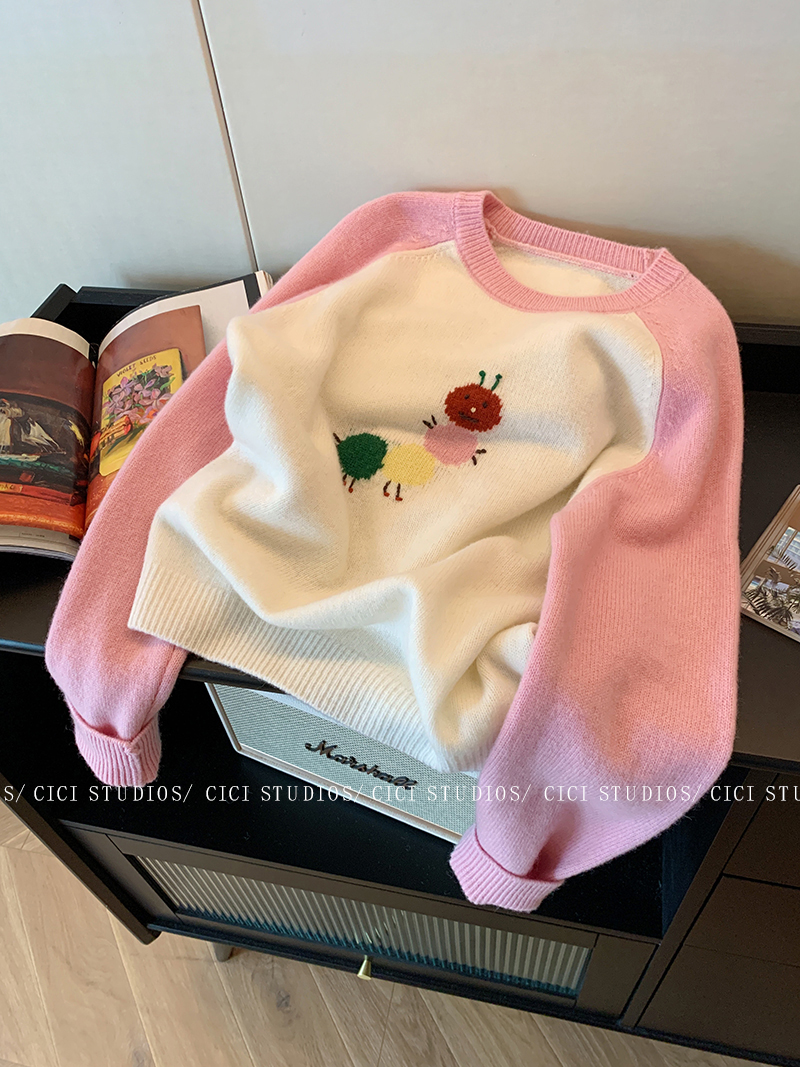 减龄撞色插肩袖圆领针织衫女秋冬2023新款韩版显瘦内搭ins风毛衣