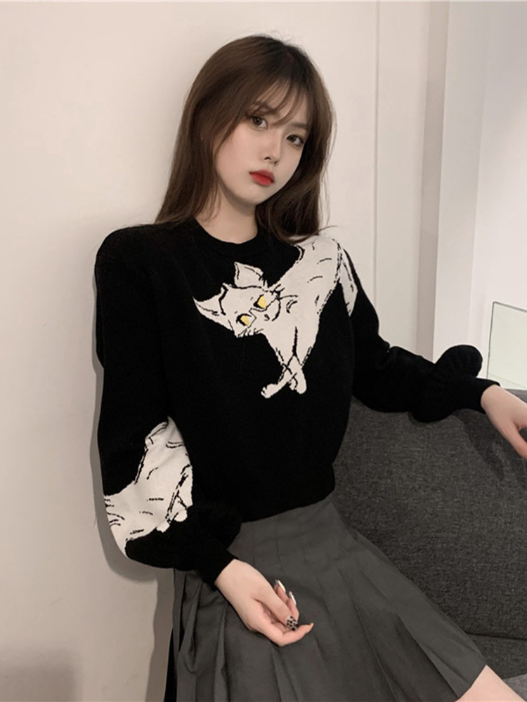 黑色毛衣女配裙子秋冬季2023新款爆款时尚洋气宽松套头外穿针织衫