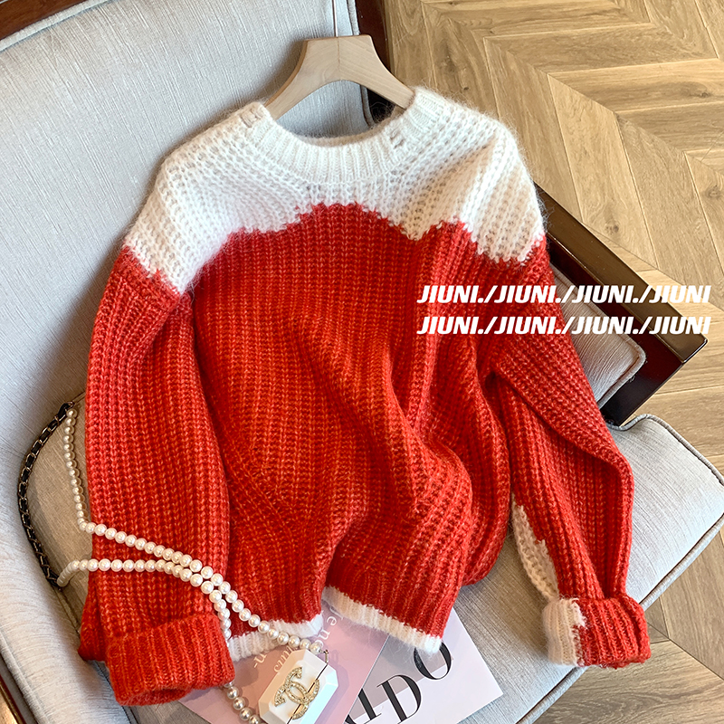 复古慵懒风圆领拼色长袖毛衣女款秋冬2023新款甜美软糯加厚针织衫