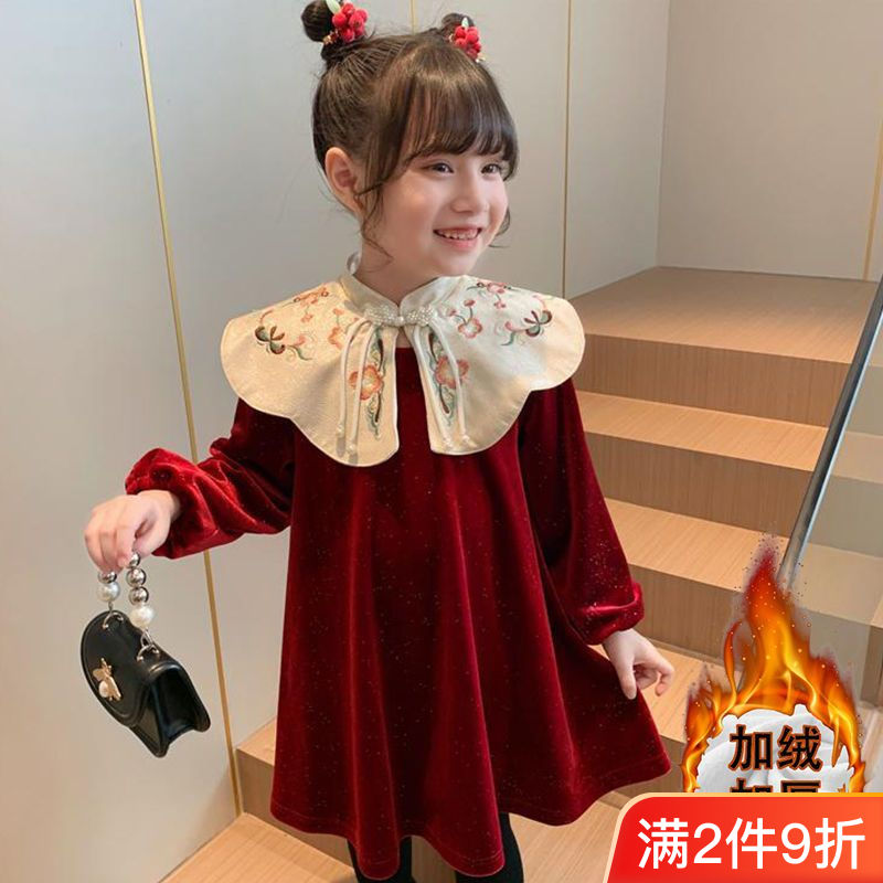 女童加绒连衣裙2023新款冬装儿童丝绒裙小女孩中国风拜年服新长袖