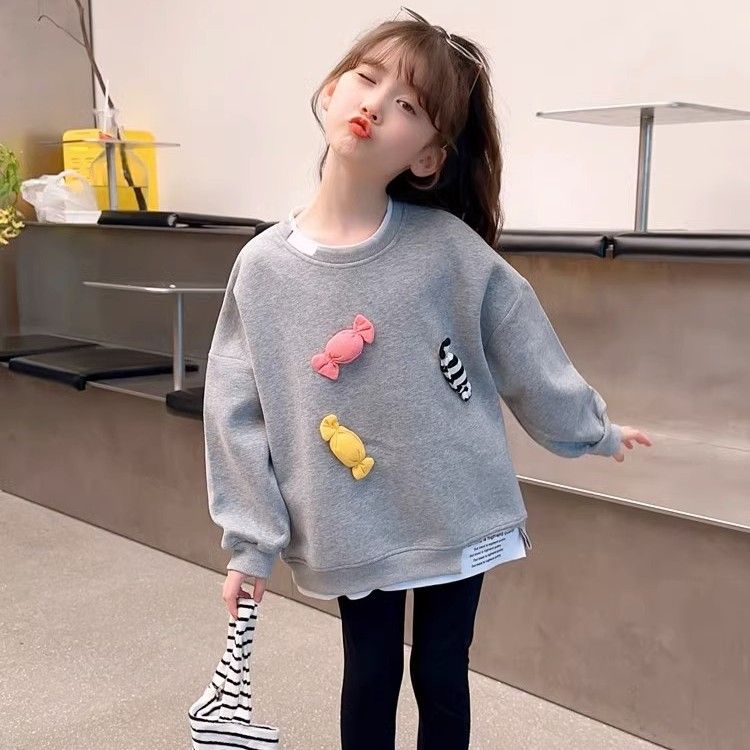 女童卫衣秋装2023新款小女孩宽版灰色长袖春秋中长款儿童休闲洋气