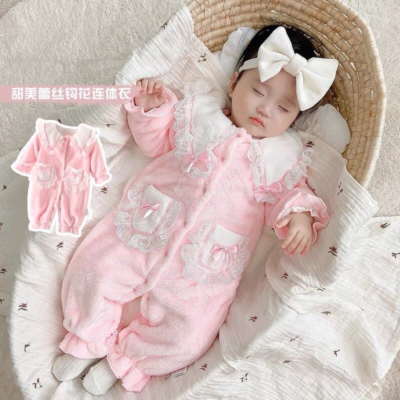 婴幼儿秋冬外出法兰绒公主风加厚百天潮爬服周岁女宝宝婴儿厚棉衣
