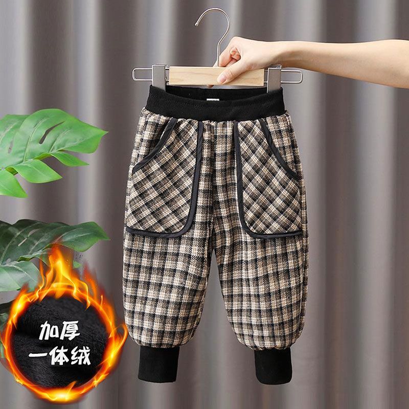 儿童裤子秋冬款2023新款男女宝宝加绒时髦格子裤洋气休闲萝卜裤潮
