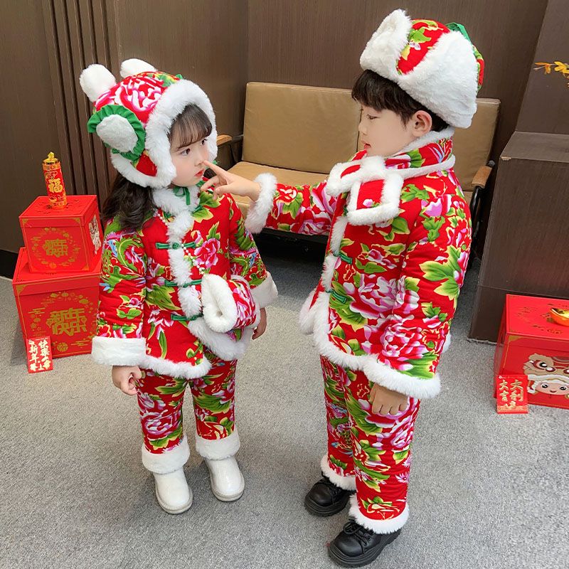 东北大花棉袄儿童男童冬装套装婴儿炸街中式女童衣服宝宝棉服冬季