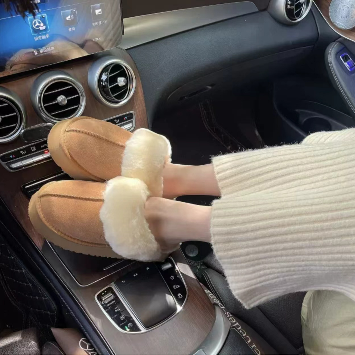 千颂伊冬季拖鞋女雪地靴皮毛一体防滑底包头加厚加绒厚底拖鞋