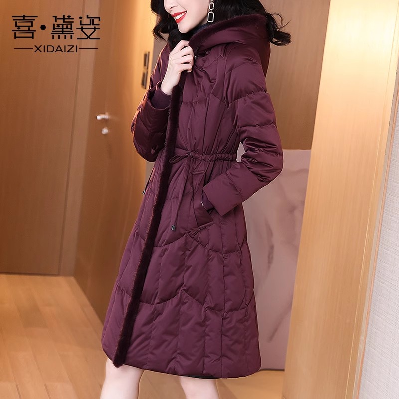 冬季新款推荐修身中长款连帽保暖收腰白鹅绒羽绒服女Y2023073