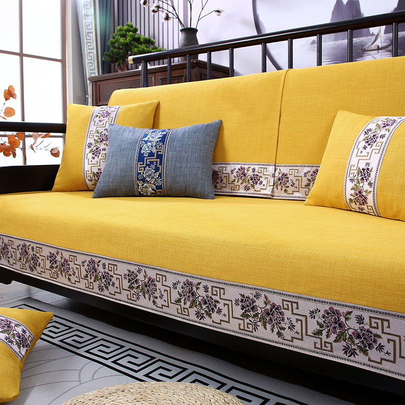 红木家具木头沙发坐垫实木沙发垫子中式防滑棉麻沙发套罩定制黄色