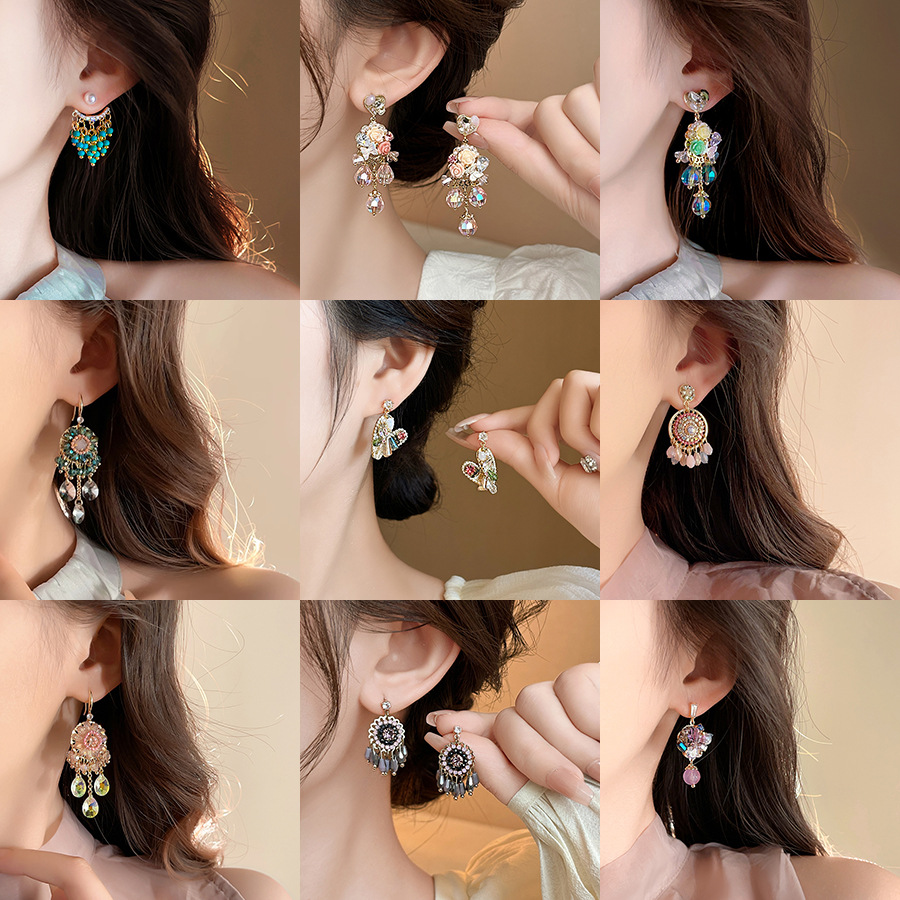 铜合金亚克力耳饰 超仙轻奢爱心花朵流苏耳环时尚耳