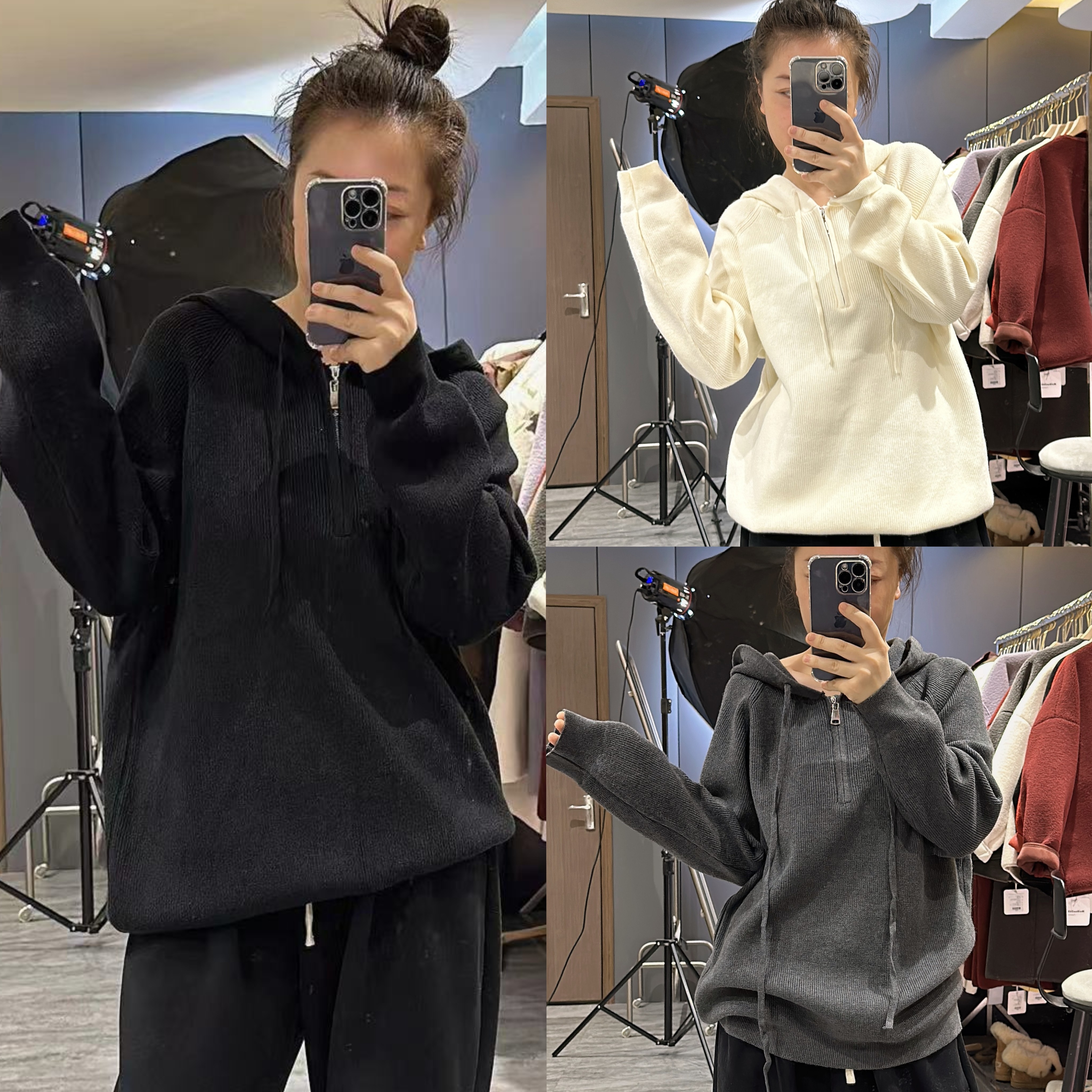 肆玖嘉宽松码女装新款连帽坑条半拉链套头针织打底衫慵懒显瘦毛衣