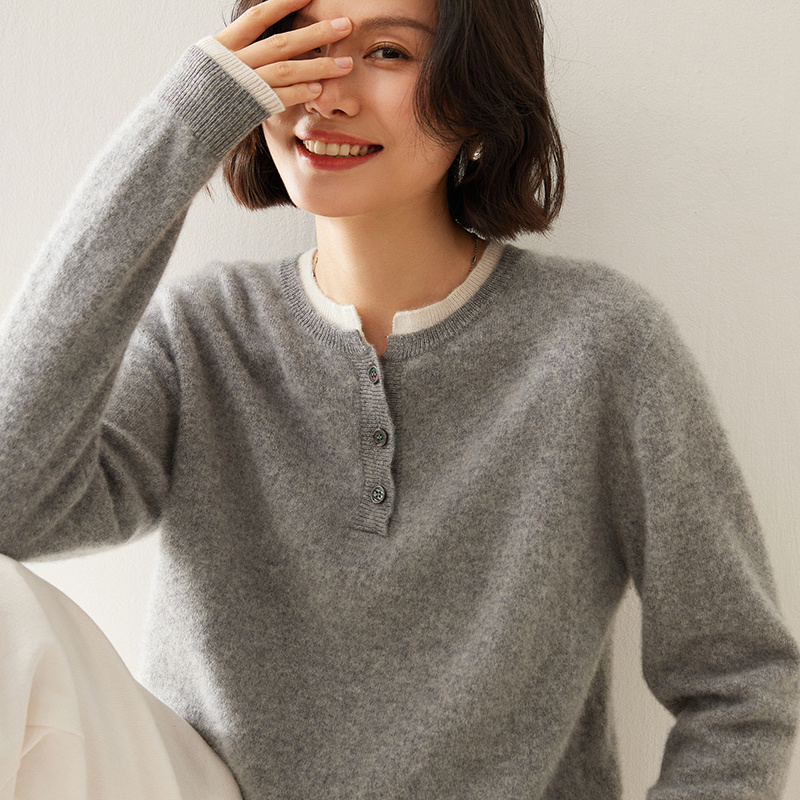 小山羊绒2024秋冬新款时尚女士百搭针织长袖假领羊绒衫短款打底衫
