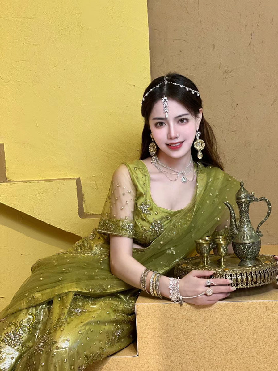 异域风情民族风尼泊尔夏季女款6米大纱丽绿色愣哈气质三件套显瘦