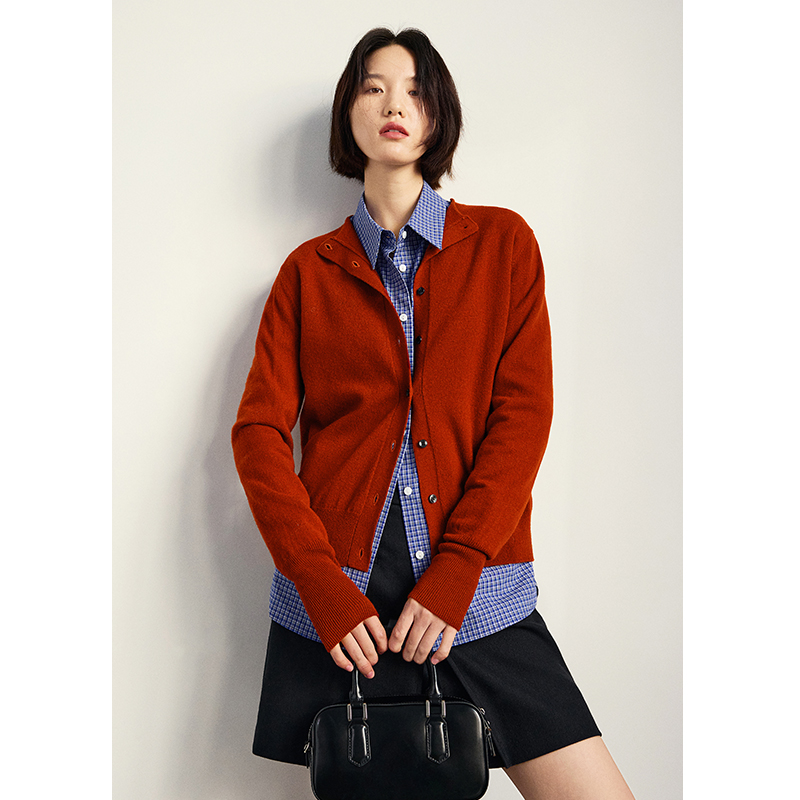 鲸乎100%绵羊毛立领针织衫女25春新款小个子毛衣红色针织开衫