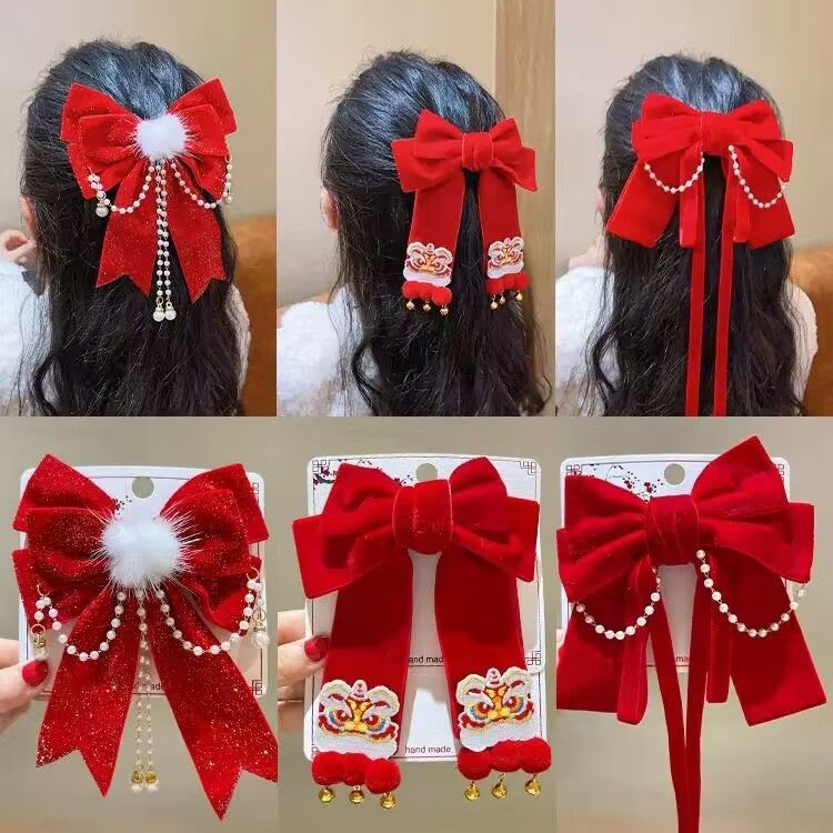 儿童发夹大号蝴蝶结头饰中国风z红色发卡女童过年新年夹子发宝宝