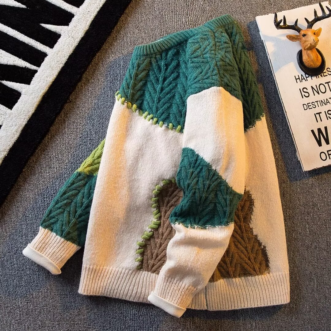 日系复古不规则撞色慵懒风软糯男女潮牌宽松圆领针织衫套头毛衣