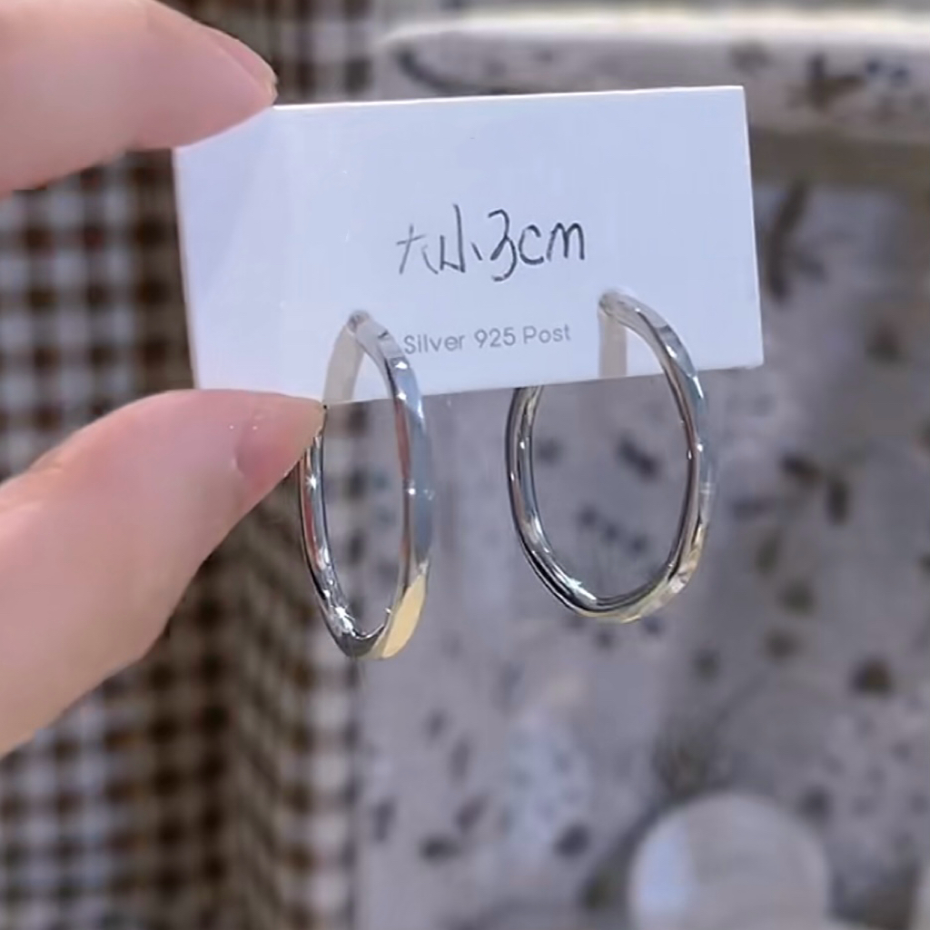 铜合金耳饰 925银针耳饰 W242银色菱形切割面耳圈轻奢时尚