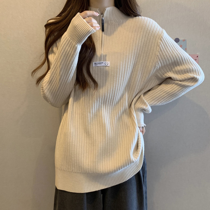 GUIDI FAME大码遮肚子长袖针织毛衣女胖mm宽松内搭显瘦上衣打底衫