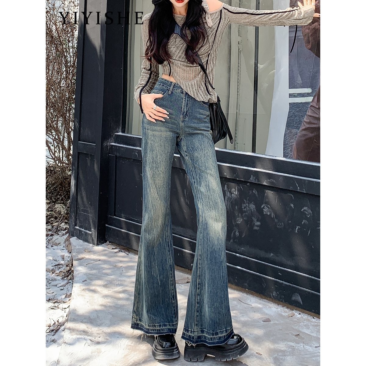 GUIDI FAME复古微喇牛仔裤女秋冬新款美式高腰显瘦加绒阔腿喇叭裤