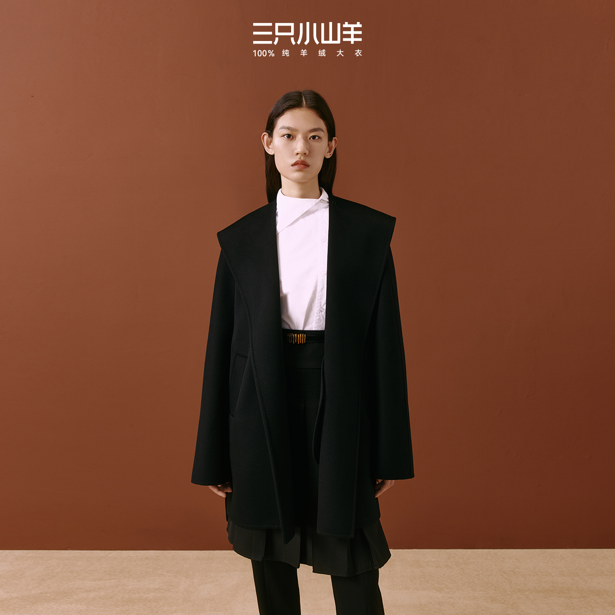 三只小山羊【短款连帽】 小个子双面呢100纯羊绒中长款女大衣