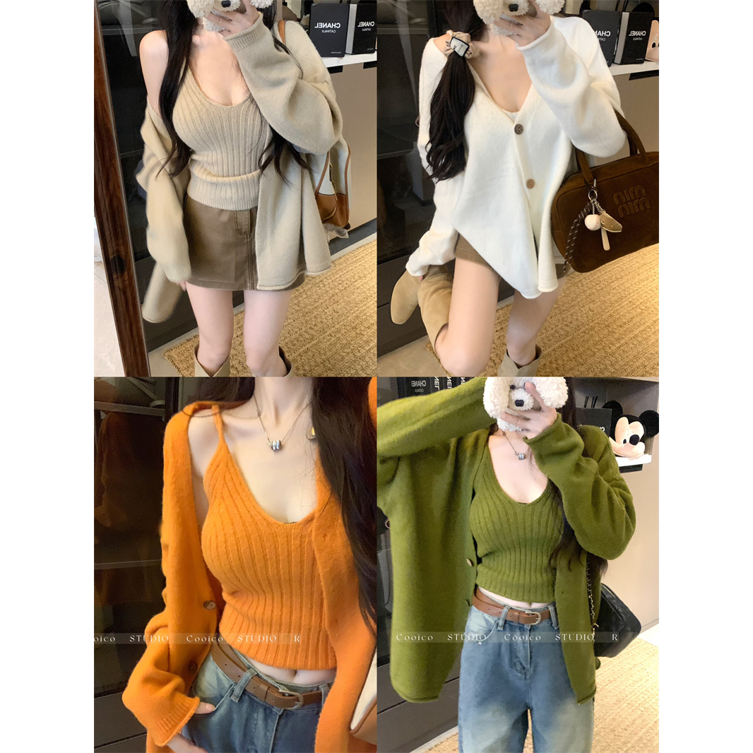 韩系穿搭套装慵懒风毛衣开衫女装早秋chic内搭针织吊带上衣两件套