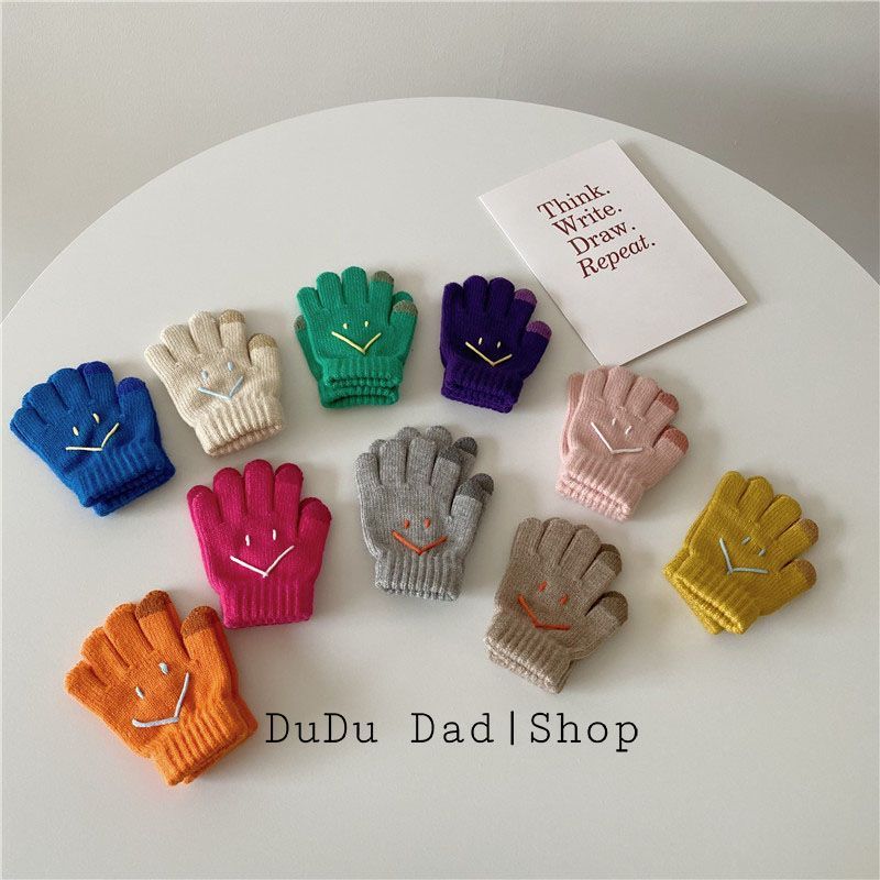 韩版新款儿童针织可爱笑脸冬季保暖手套男女宝宝户外分指防风手套