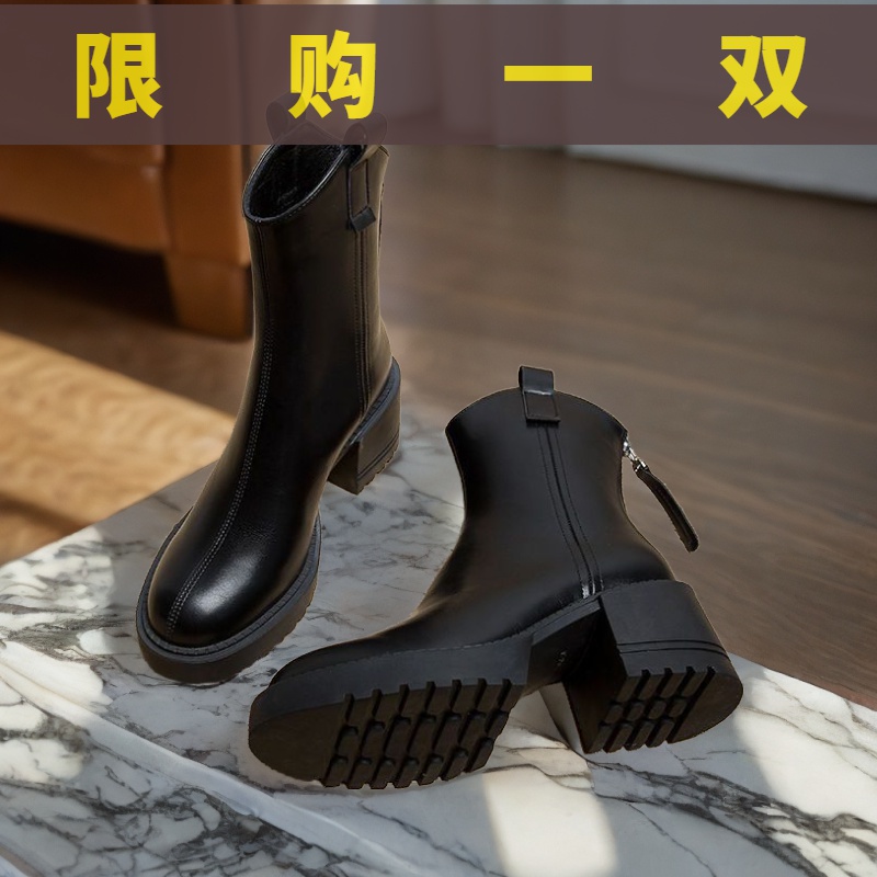 红蜻蜓牌爆款时装靴女鞋切尔西软皮高跟马丁靴2023秋冬季新款百搭