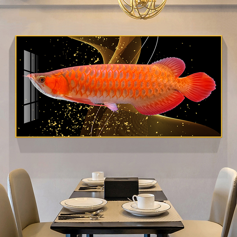 金龙鱼招财装饰画餐厅吃饭厅横版挂画大气龙鱼晶瓷画餐桌单幅壁画