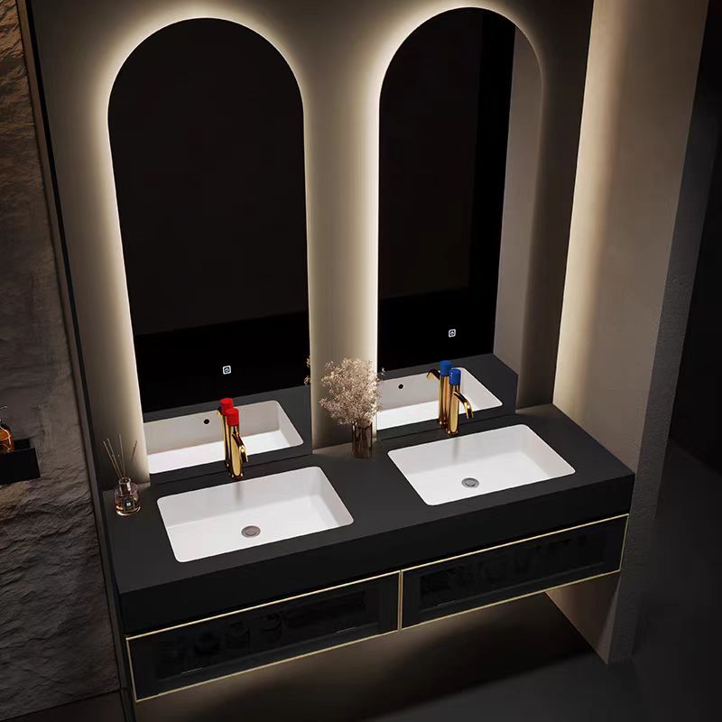 定制酒店风岩板浴室柜组合一体无缝陶瓷盆热弯盆洗脸盆柜