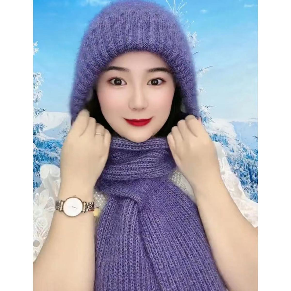 秋冬季保暖加绒加厚女士帽子围巾一体松鼠绒风雪帽毛线编织网红帽