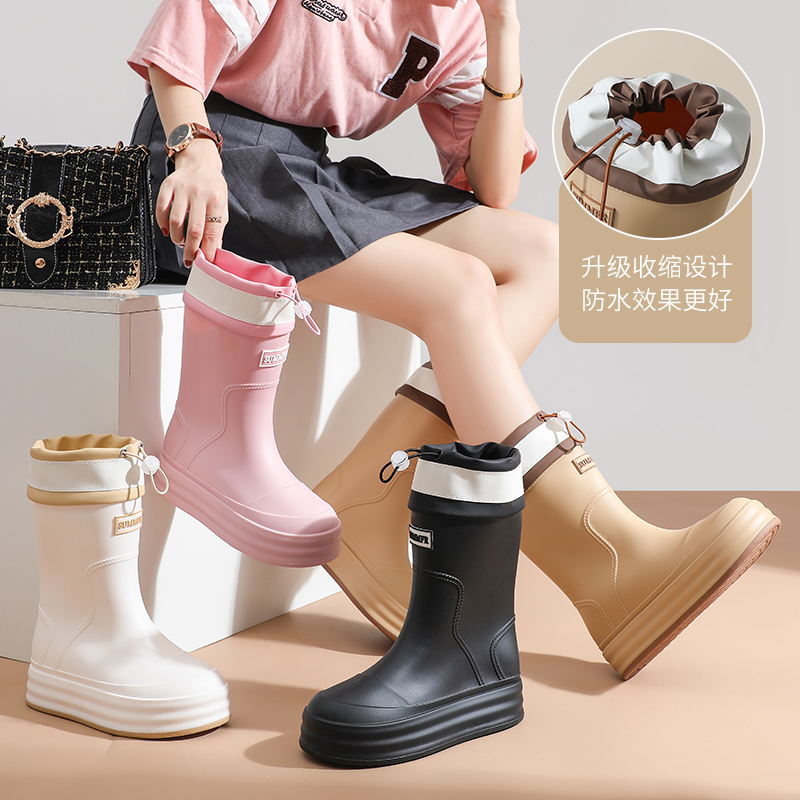 雨鞋中筒女士时尚轻便防水鞋厚底加绒防滑水靴学生软底短筒胶鞋女