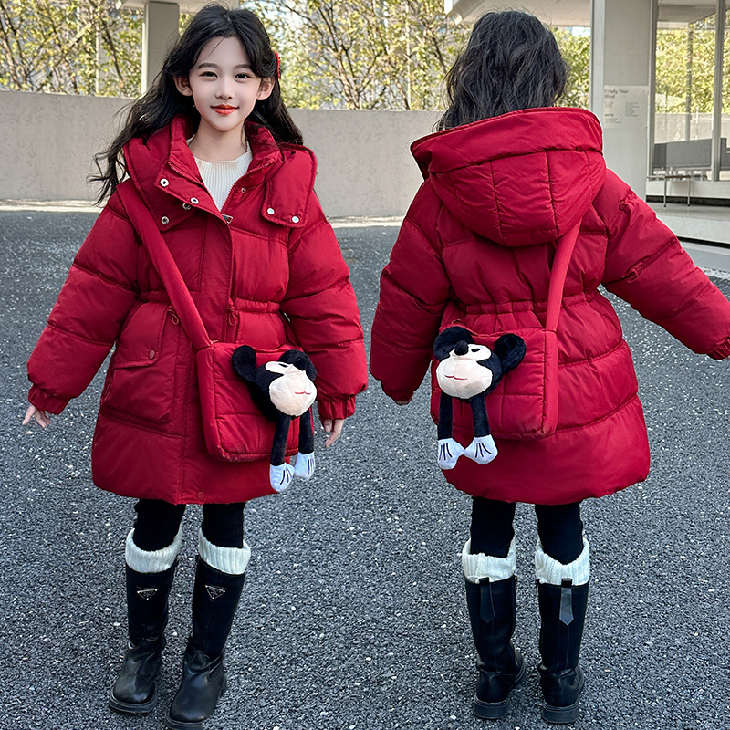 卡通包包女童中长款棉衣冬装3-15岁红色新年棉服儿童装收腰棉袄潮