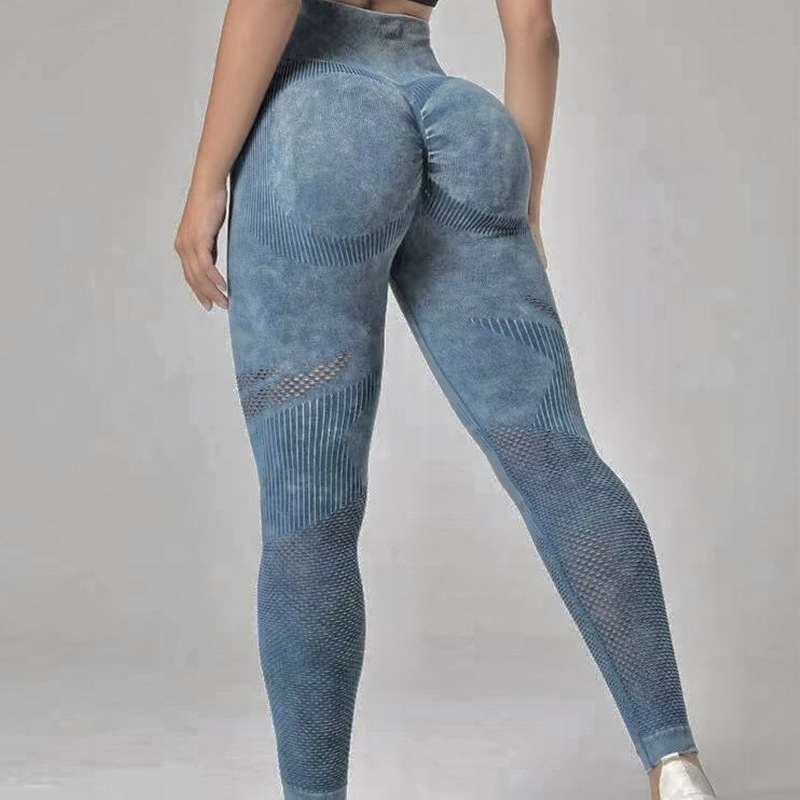 无缝砂洗高腰弹力蜜桃臀仿牛仔长裤外穿跑步紧身健身长裤女