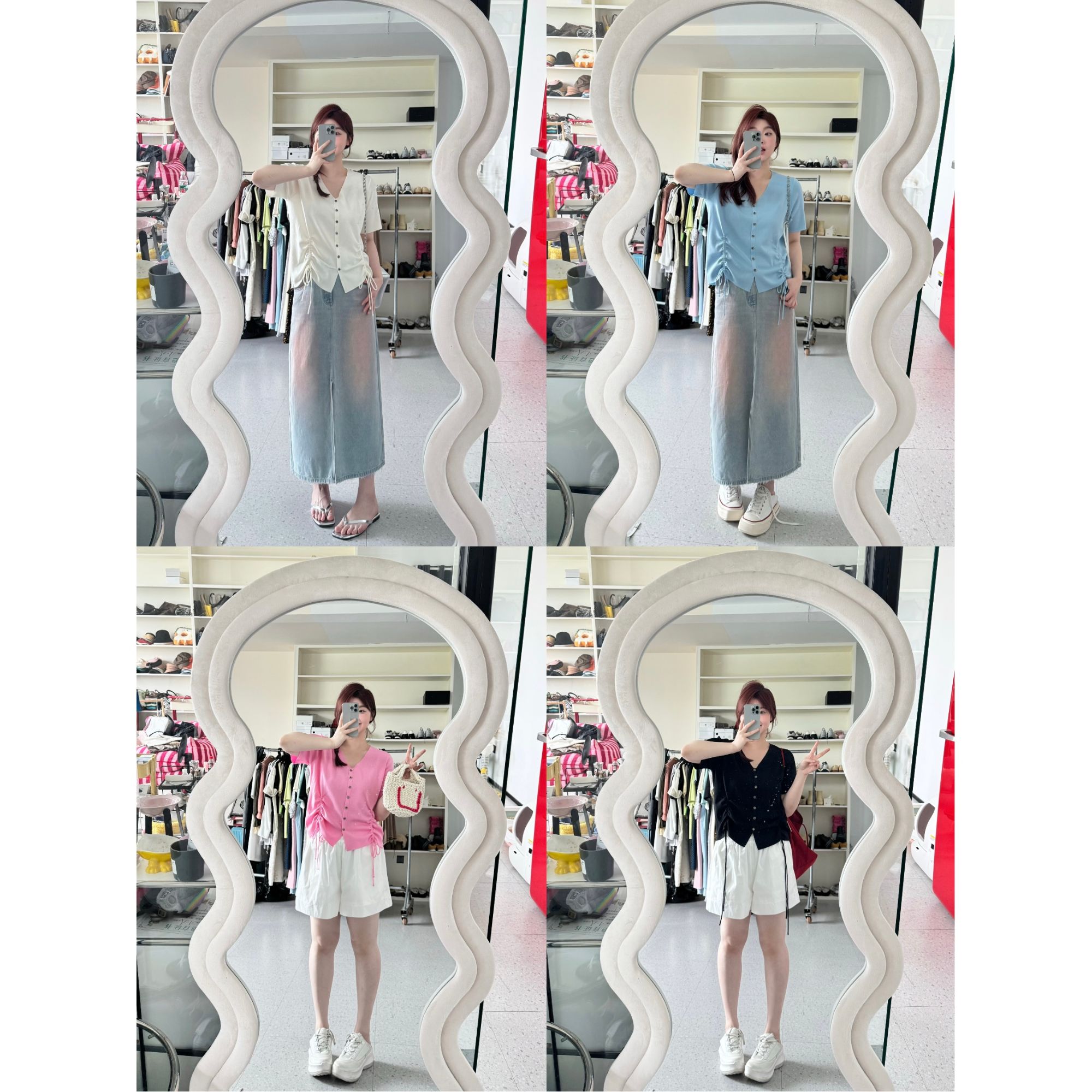 晶咕【轻氧时刻】韩系V领单排扣下摆抽绳可调节短袖T恤上衣