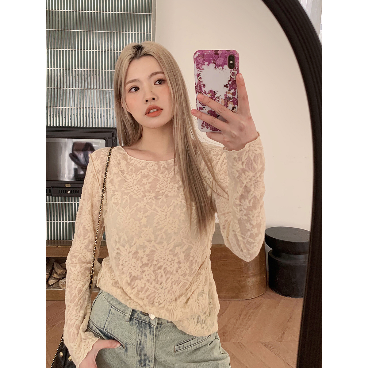 晶咕白标~纯欲风微透方领长袖蕾丝T恤女春季大码叠穿显瘦休闲上衣