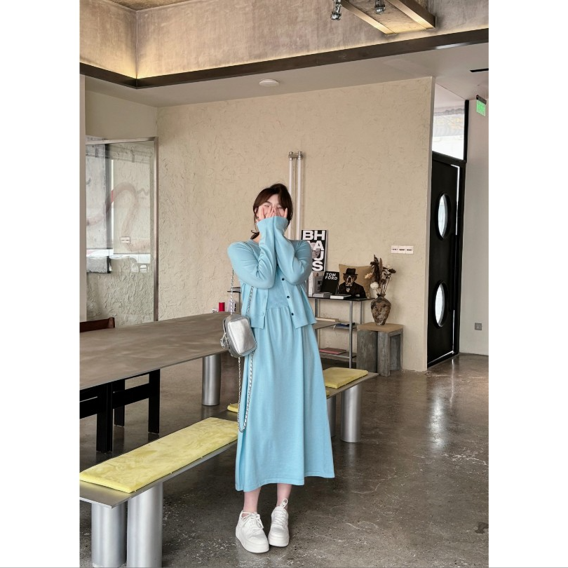 晶咕【薄荷棉花糖】无袖背心针织连衣裙+针织开衫外套套装