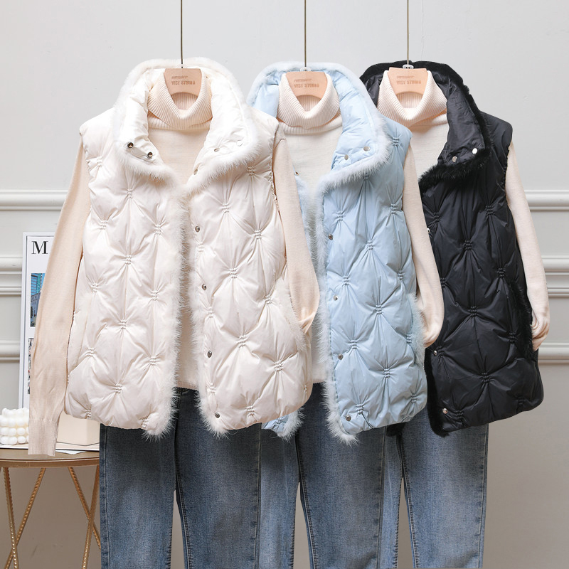 水貂毛羽绒马甲女短款洋气2025秋冬新款白鸭绒立领轻薄马夹韩版