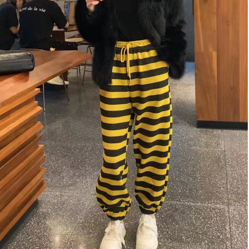 工厂店～欧货秋冬加绒高腰撞色条纹休闲时尚洋气百搭运动休闲裤