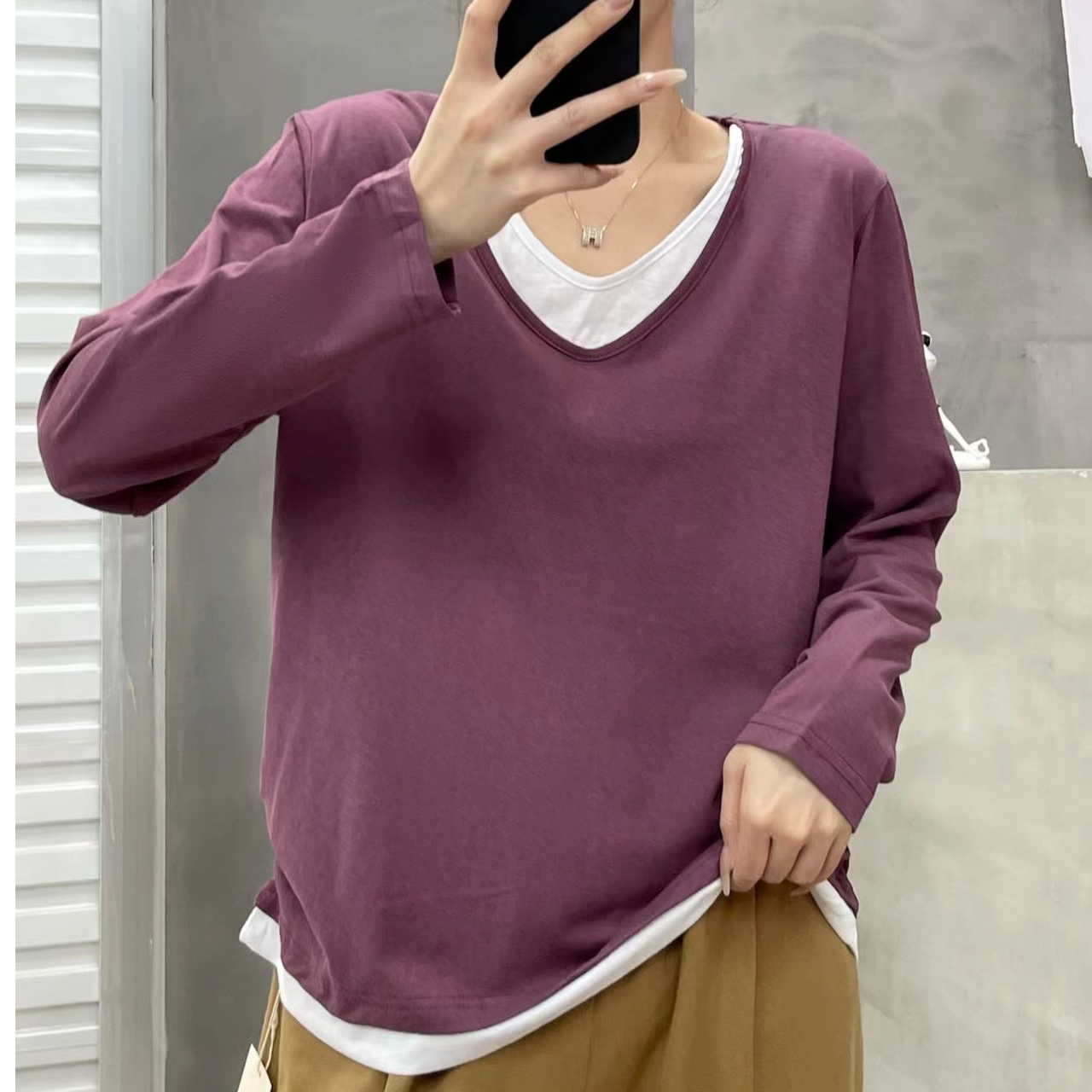 青禾-【雪花棉假两件】秋季新款时尚纯色雪花棉假两件长袖T恤