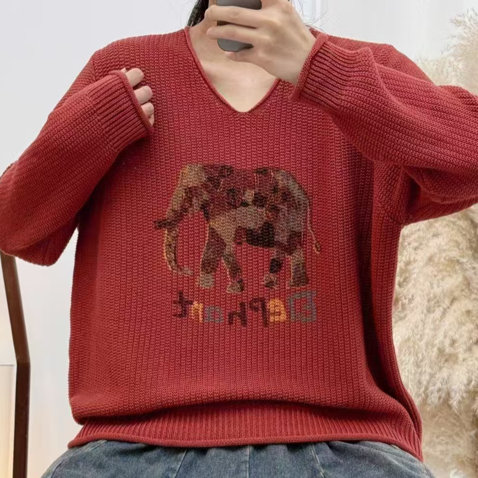 青禾-小象印花毛衣时尚百搭韩版V领印花针织长袖毛衣SJH7721(象）