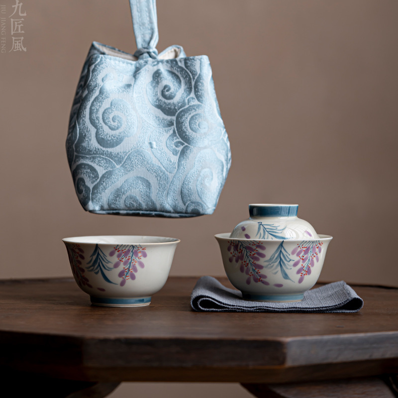 手绘旅行茶具套装草木灰紫藤花一人饮户外便携露营功夫茶具快客杯