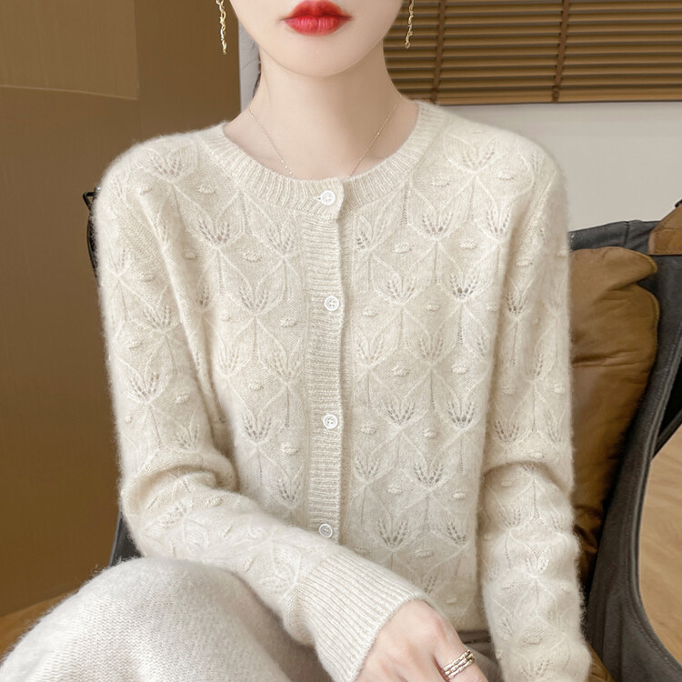 新款100纯羊毛圆领开衫外套羊绒针织衫长袖低领宽松百搭女士毛衣