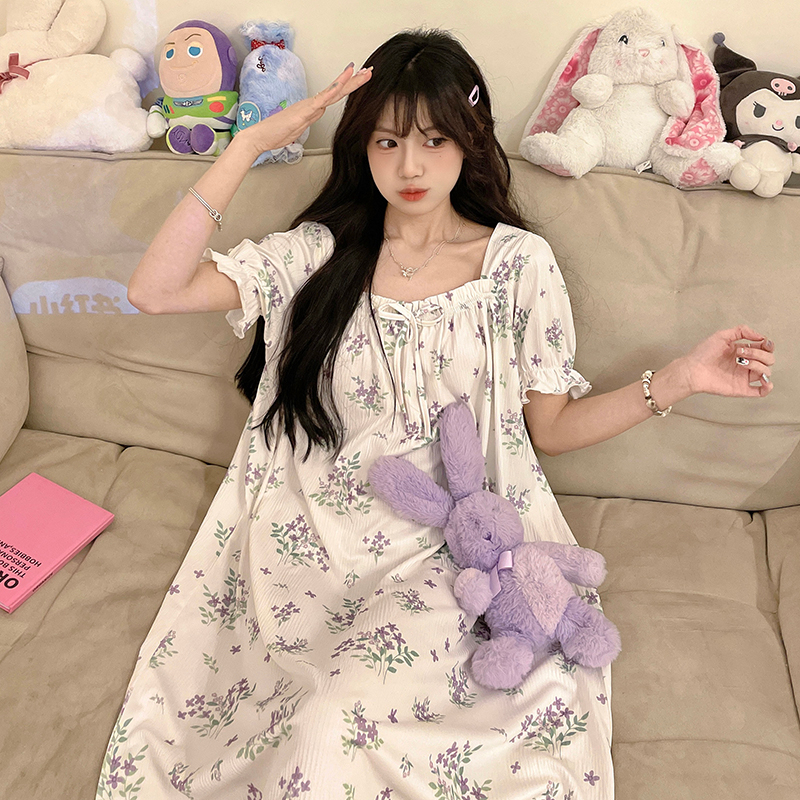 睡衣女夏季睡裙短袖可爱碎花长款花边大码夏天薄款宽松甜美睡衣裙
