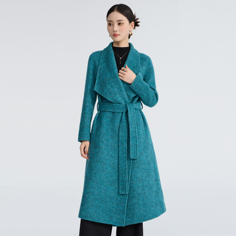秋冬新款高级感绵羊毛双面呢子大衣牦牛绒外套宽松系带气质赫本风