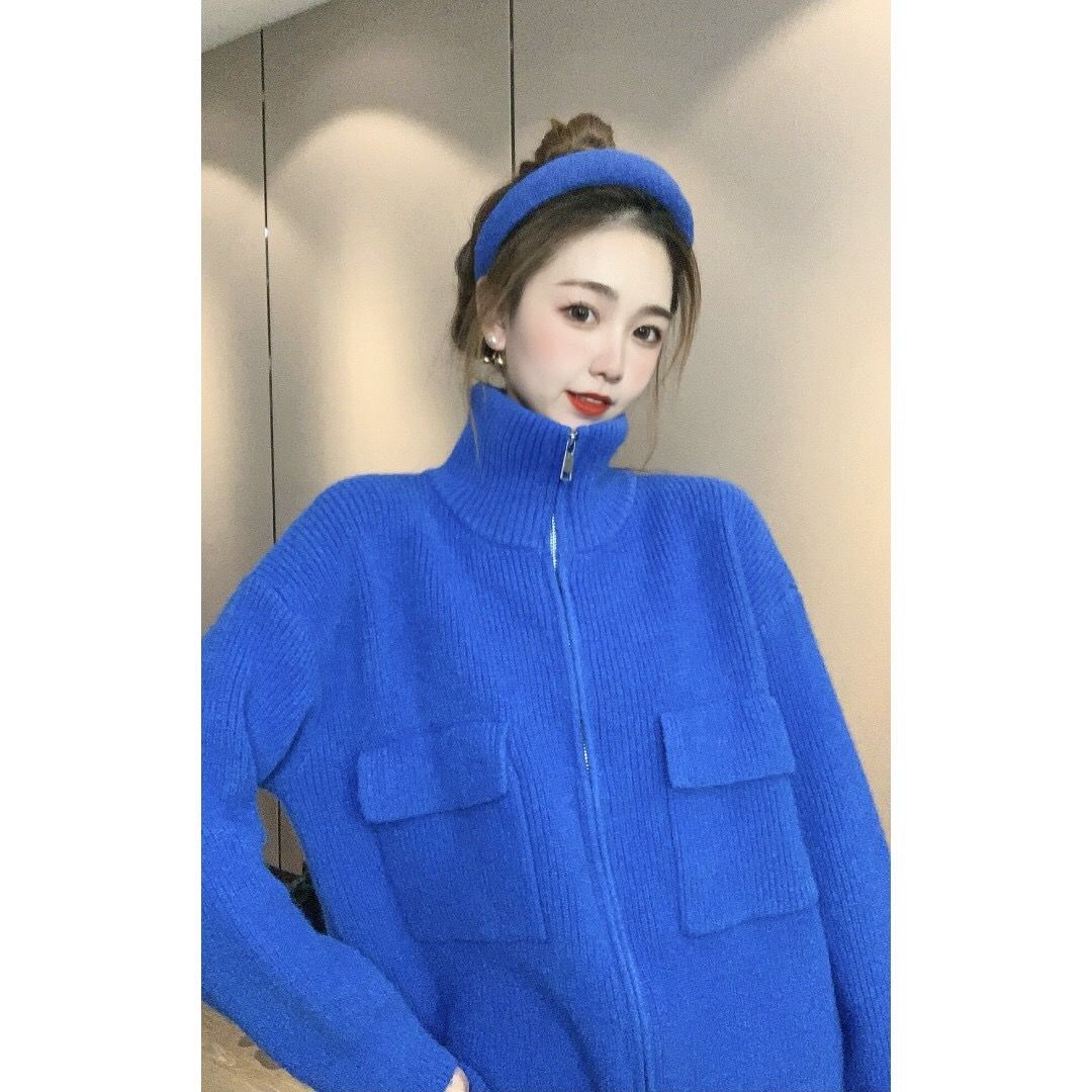 高领拉链克莱因蓝毛衣外套女秋冬新款慵懒宽松小香风针织开衫上衣