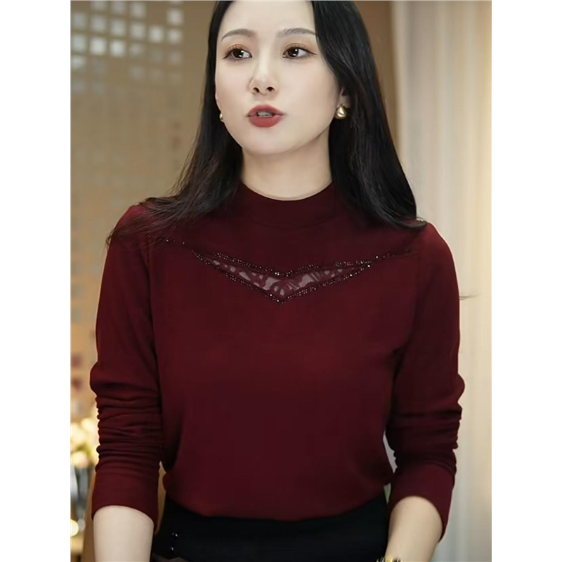 秋冬打底衫女时尚镂空镶钻中年女半高领宽松长袖T恤弹力t恤小衫